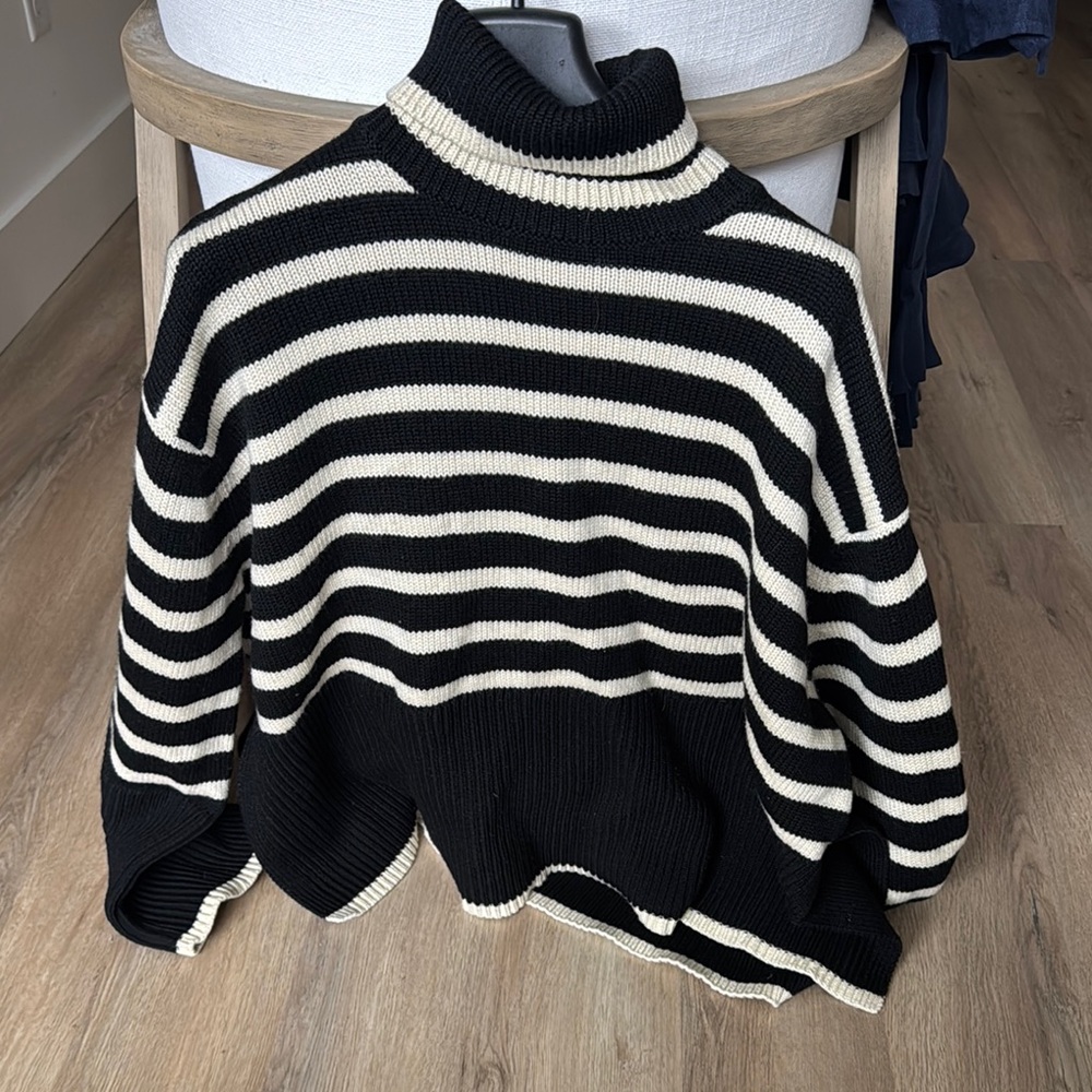 Black & Cream Striped Mock-Neck Sweater - Women